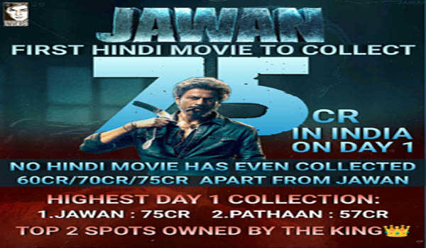 शाहरूख खान की फिल्म जवान ने पहले दिन 75 करोड़ की कमाई की