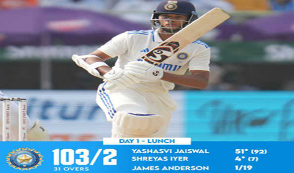 यशस्वी का अर्धशतक, भारत के लंच तक तक दो विकेट पर 103  रन