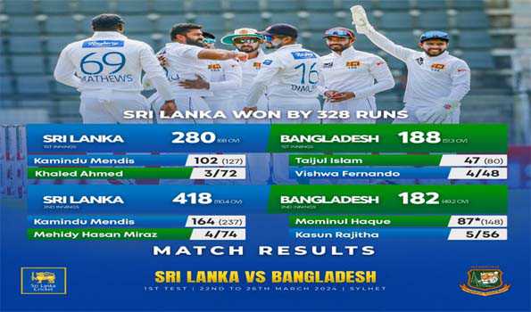 श्रीलंका ने बंगलादेश को पहले टेस्ट मैच में 328 रनों से हराया