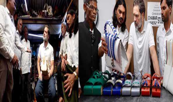राहुल रिसाइकल टायरों से हैंबैग बनाने वाले कारीगरों से मिले